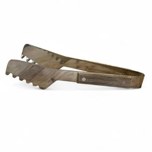Heavy‎ duty tongs with a stainless steel body and a wooden handle made in Japan