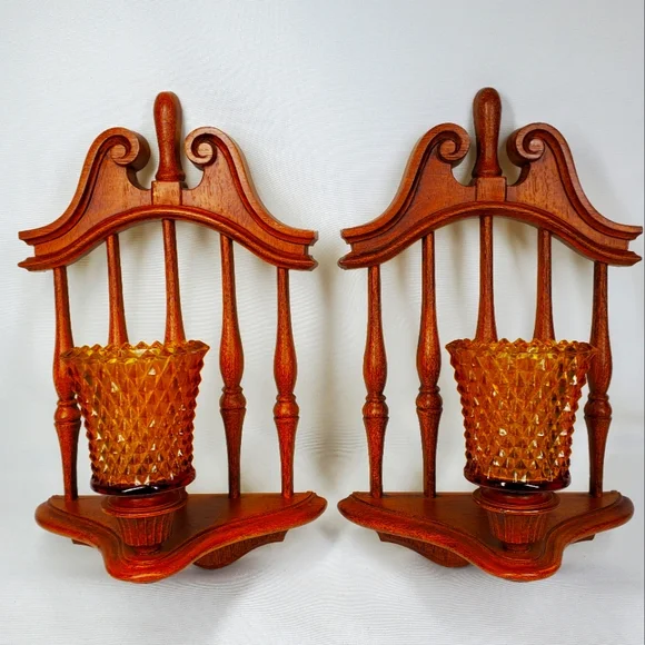 2 Vintage Mid Century 1974 Homco Candle Wall Sconces Amber Diamond Glass Votive.