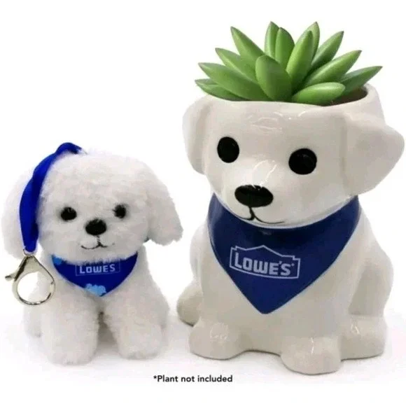 NEW Lowe's Mini White Dog Ceramic Succulent Planter + Plush Keychain Exclusive