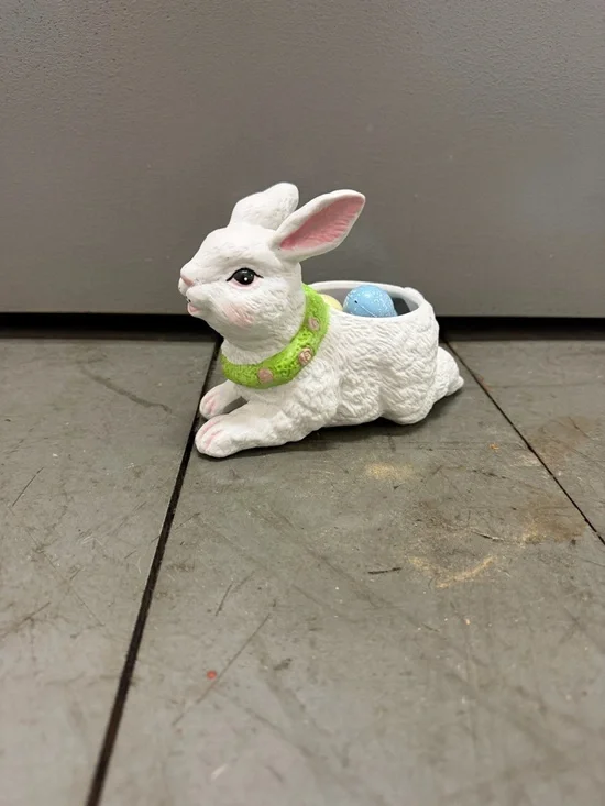 White Bunny Planter with Green Collar - Decorative Small Pet Accessory