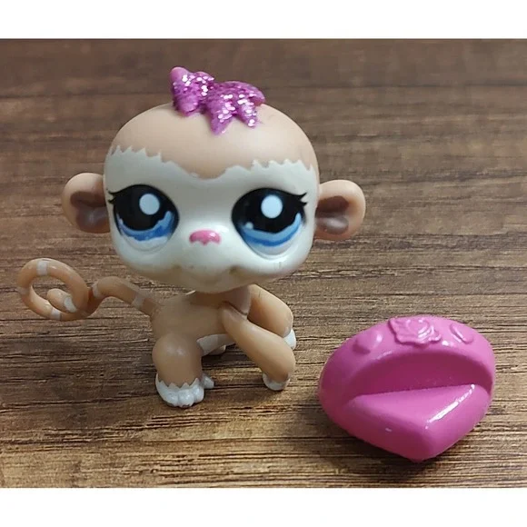 Littlest Pet Shop Monkey Tan Pink Sparkle Hair Heart Shaped Accessory B15
