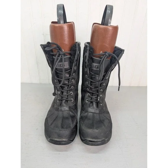 UGG BUTTE Men's Black‎ Leather Waterproof Winter Boots US 8.5 Fur Lined Lace Up