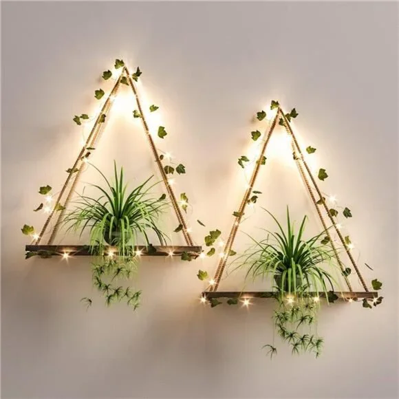 Artificial Ivy LED-Strip Wall Hanging Shelves Set of 2, Macrame Shelf Bedroom