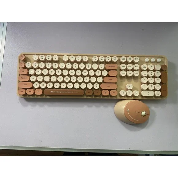 RF104 Wireless Keyboard Mouse Combo Beige Retro Round Keys USB Receiver