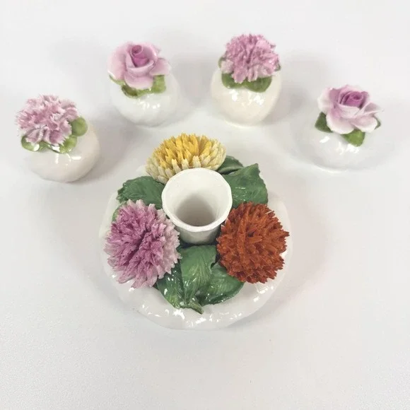 Bone China Salt & Pepper Shakers And Candle‎ Holder Set Carbation & Roses Radnor