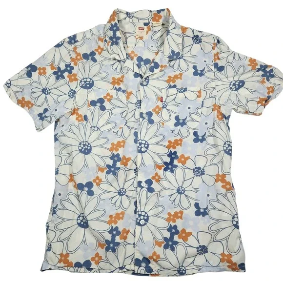 Levi's Mens Blue Orange Floral Button Up Shirt Short Sleeve Coastal Hawaiian