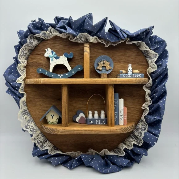 Vtg Wood Wall Shelf Curio Shadow Box Heart Dividers Display Country Farmhouse