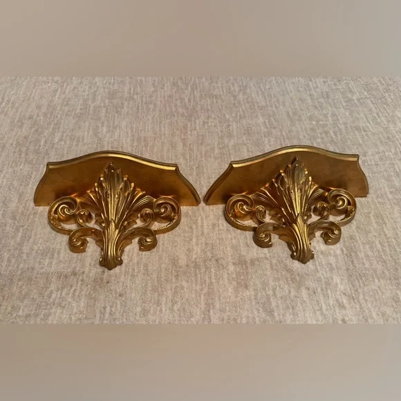 Set of Two VTG Burwood Hollywood Regency Gold Decorative Wall Display Shelves