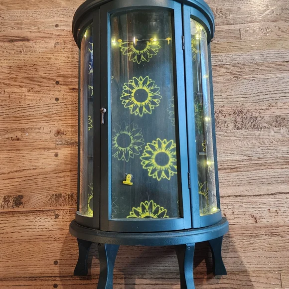 Dark Green Curio Wall Cabinet with Yellow Sunflower Accents W/ Jewelry Hooks