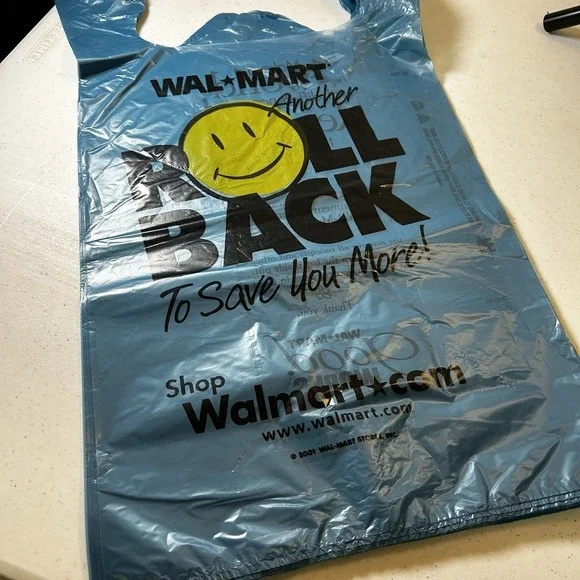 Lot‎ 15 Walmart Blue Roll Back Smiley Face Plastic Shopping Bags 2001 VINTAGE