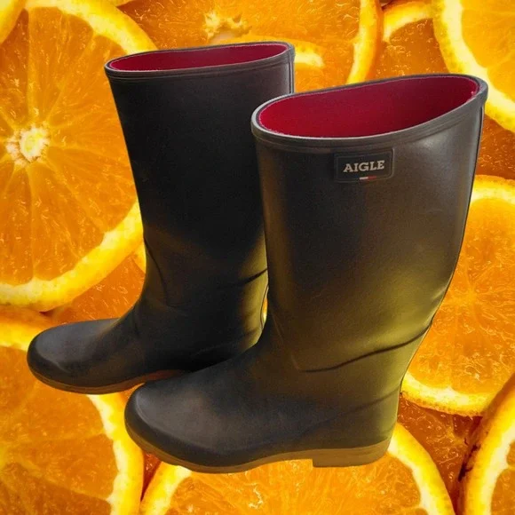 Aigle‎ Men Black Rubber Rain Boots Tall Waterproof Lug Sole Made in France 47