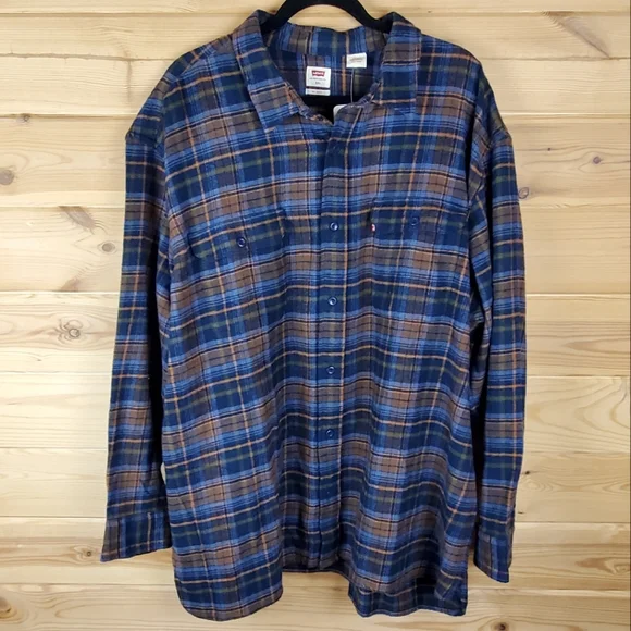 Levi's Relaxed Fit Blue and Brown Plaid Button Up Heavy Shirt Size‎ 3XL