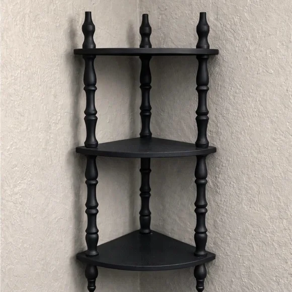 Vintage refinished Black Corner Wall Shelf - mid century modern decor 22” tall