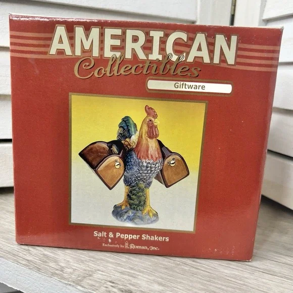 American Collectibles, Roman Inc Rooster w/ Saddlebags Salt & Pepper Shakers NIB