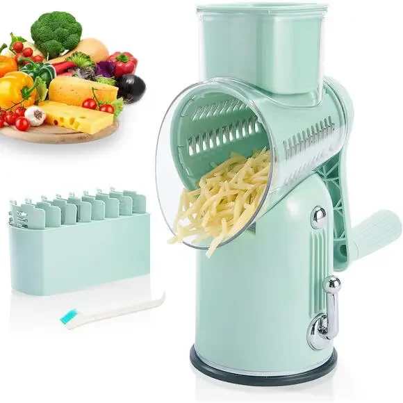 Manual Rotary Cheese Grater 5-in-1 with Suction Base Vegetable Slicer Green