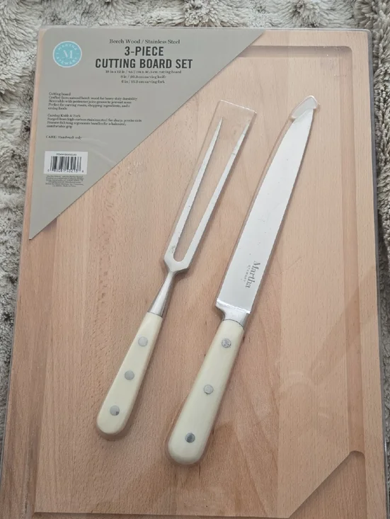 Martha Stewart Beech Wood Cutting Board Set with Cream-Handled Knife & Fork