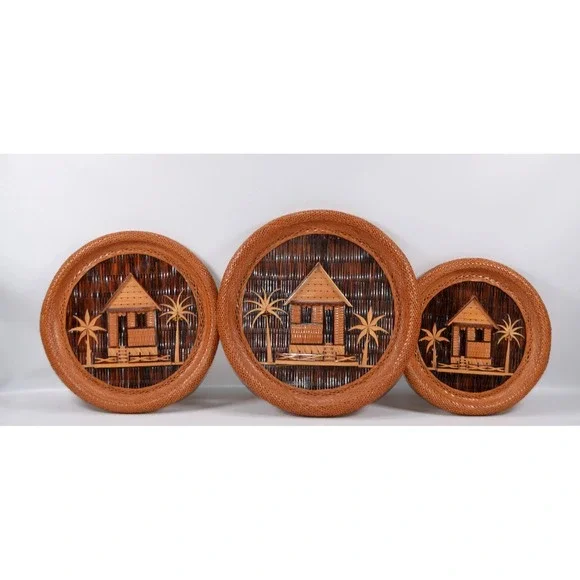 VTG Hand Woven Bamboo Wicker Philippines Round‎ Hanging Wall Home Decor Lot Of 3