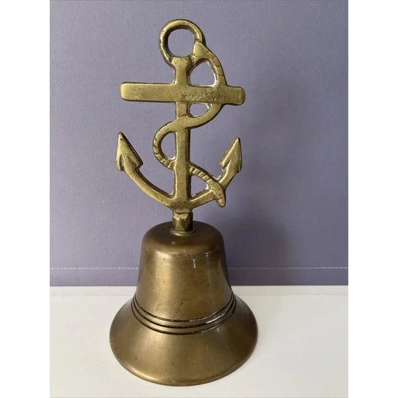 Vintage Genuine Brass Rope & Anchor Bell England Bell‎ Nautical Coastal Decor