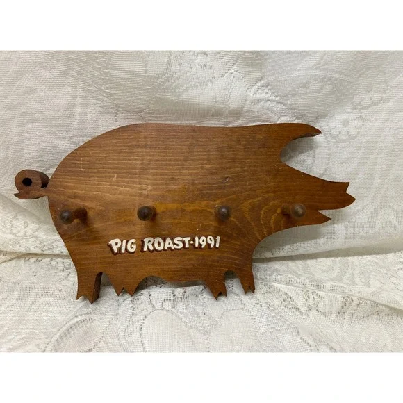 Vintage Handmade Pig Roast 1991 Wooden Pig Kitchen Wall Decor Key Holder‎ 6