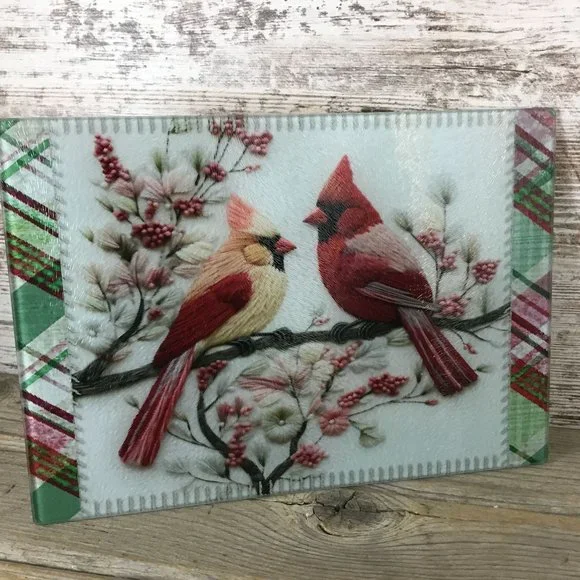 Cardinals on Festive Plaid Glass Cutting Board 11.25