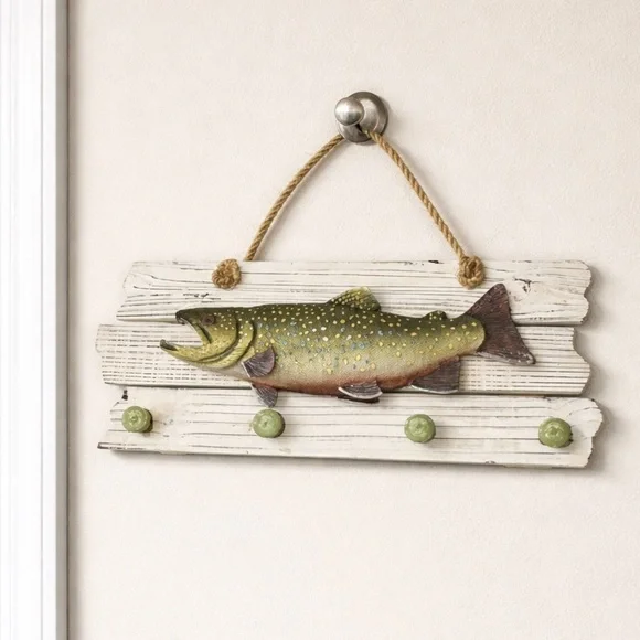 Brook Trout Resin Wall Art 4 Hooks Hanging Rack Realistic 2D Cabin Lodge Western