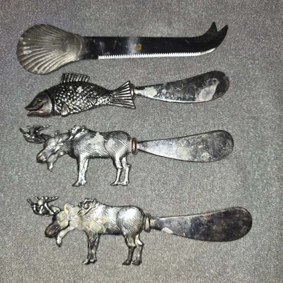 Vintage Style Animal Cheese Knife Spreader Set 4pc Moose Fish Shell Silver Tone