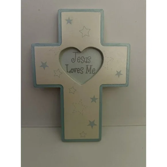 Jesus Loves Me Wood Cross Wall Hanging Blue Boy Stars Decor Christian