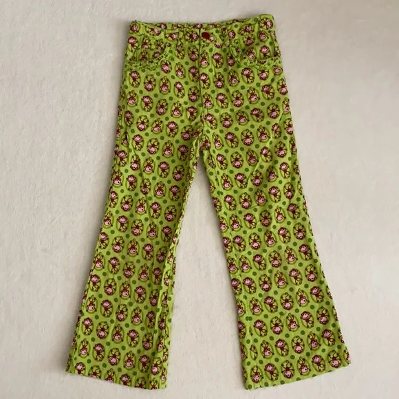 CR Kids | Lightweight Corduroy Wide Leg Monkey Print Pants Green/Brown/Pink (5)
