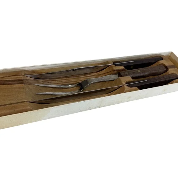 Vtg. EKCO FLINT Cutlery Set Stainless Vanadium Carving 3pc Set Knife Block & Box