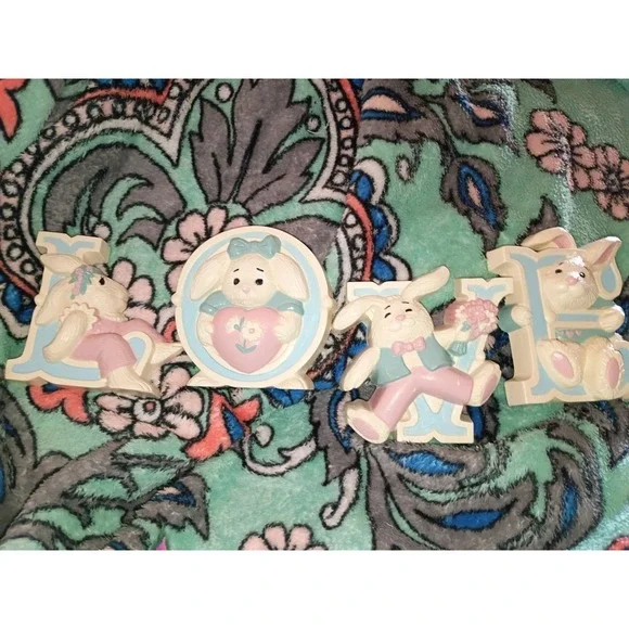 Vintage 1992 Burwood LOVE Wall Decor Nursery Kids Bunny Rabbits Easter USA Made