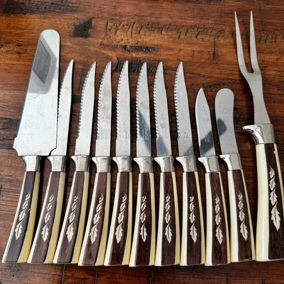 MCM‎ Vintage 10 Regent Sheffield Kitchen Knives & One fork Ivory Brown Leaf