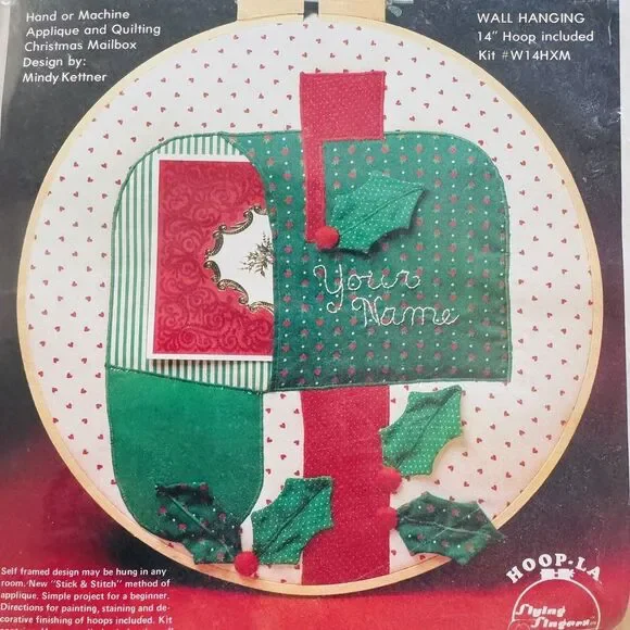 Vtg 80s Christmas Card Holder Hoop-La Applique Quilt Kit Wall Hanging 14