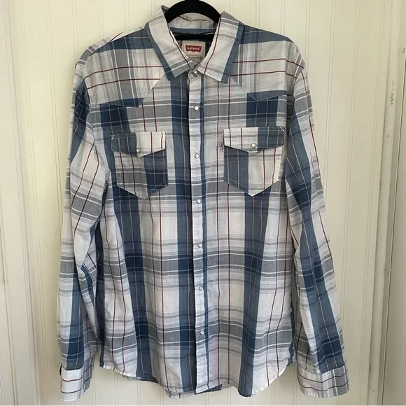 LEVI’S Men’s Long Sleeve Western Style Plaid Pearl Snaps Blue White‎ Red Size M