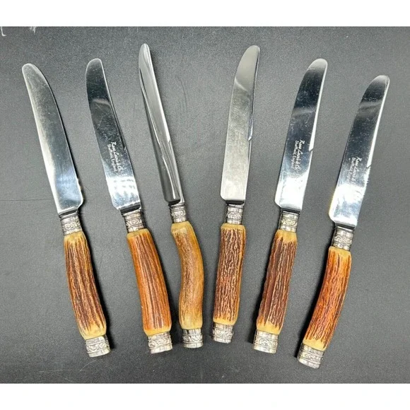 Lewis‎ Rose & Co.Ltd Real Stag Horn Cutlery 6 Sheffield Knives Not Serrated