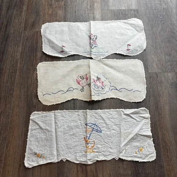 Vintage Hand Embroidered Nursery Set 3 Bear Duck Nautical Scalloped Lace Dresser