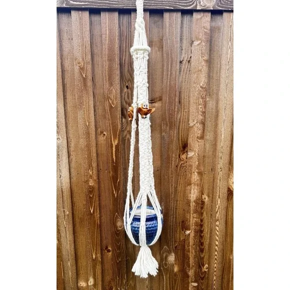 Macrame Cream Plant Hanger Boho 70s Hanging Planter w/ Owl Accents 58