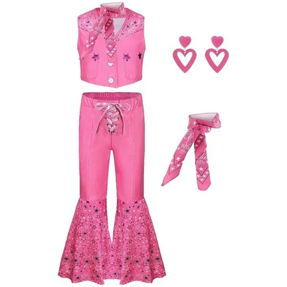 NWT Barbie Movie Pink Cowboy Blue Plaid Gold Jumpsuit Girls Halloween Co…