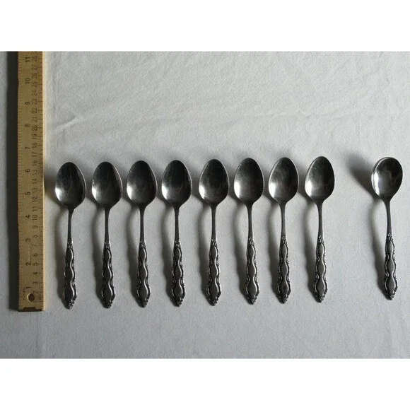 Lot of 9 National Stainless Marquee 8 Teaspoon +1 Sugar Spoon Japan Vintage 6.2