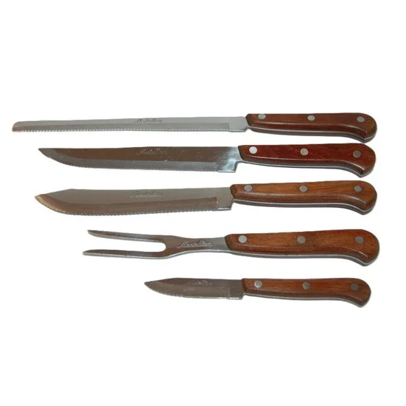 VINTAGE MEDALLION STAINLESS JAPAN KINFE FORK SET OF 5 BROWN WOOD HANDLE 3 RIVETS