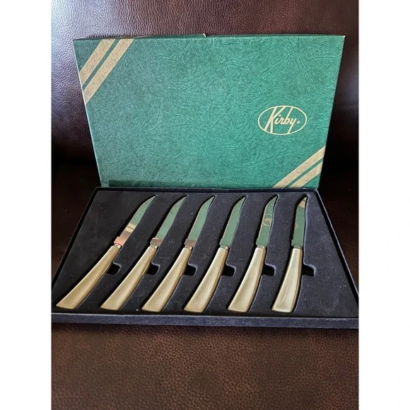 Kirby Vintage Steak Knives Set 6pc Avocado Green Handle Serrated Blade NIB