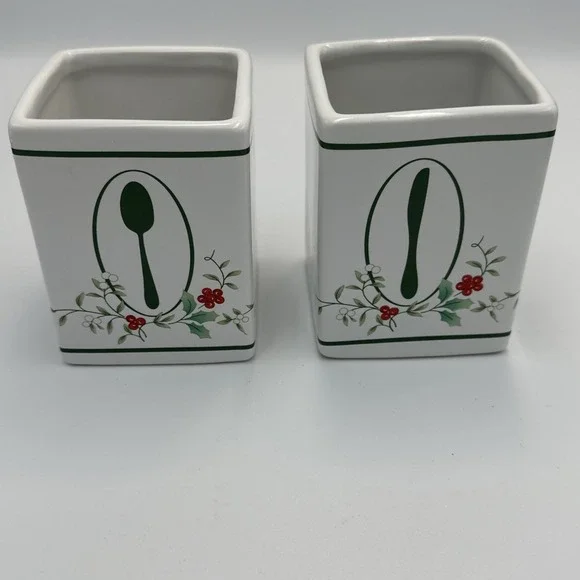 (2) Pfaltzgraff Winterberry Spoon Knife Holder Christmas Table Square‎ Stoneware