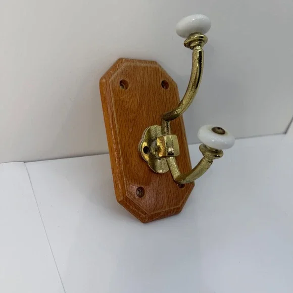 Vintage Brass and Ceramic Double Wall Hook on Oak Wood Base Coat Hat Rack