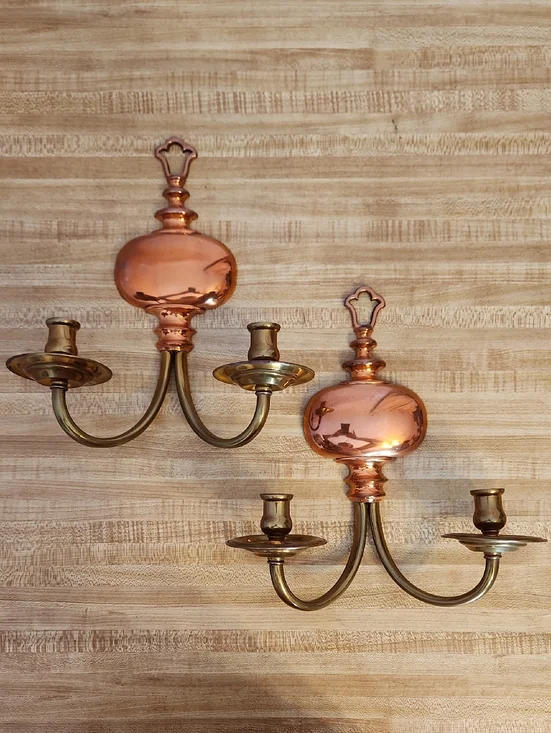 Brass & Copper Wall Candle Sconces - Pair