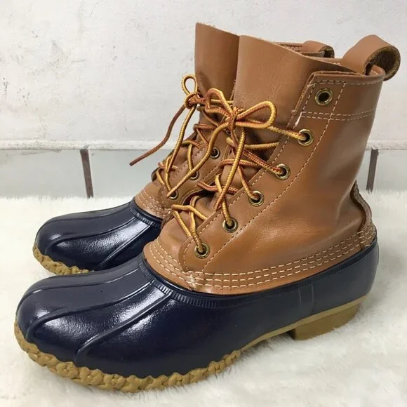 L.L. Bean Boots Men's Duck Boots Lace up Size 8 Leather Brown and Blue