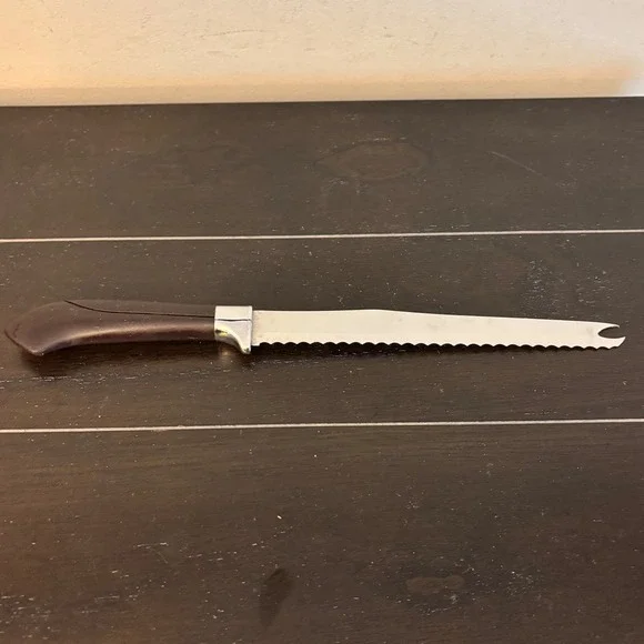 Vintage Ginsu Serrated Knife Stainless USA Dark Brown Handle Forked Tip 12 Inch