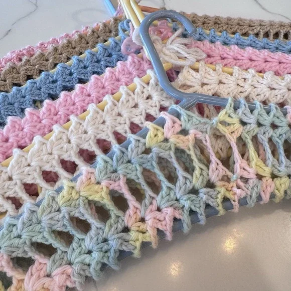 10 Vintage Handmade Crochet Clothes Hangers Colorful Yarn Cottage Core His & Her
