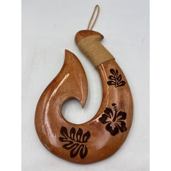 Hawaiian Fish Hook Hand Carved Wood Hanging Decoration Wall‎ Art 12