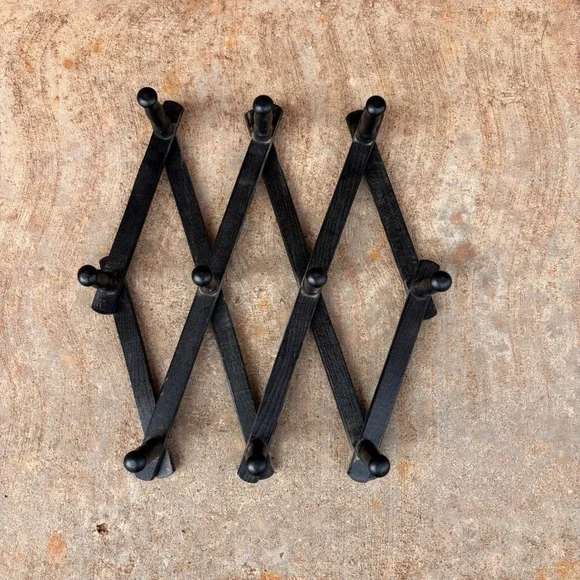 Vintage Black Wooden Accordion Wall Rack 10 Peg Expandable Hat Coat Mug Hanger