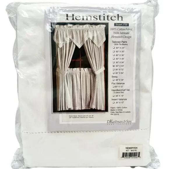 Vintage White Hemstitch Cotton Curtain Panels 80x63 Tailored Pair w/ Tiebacks