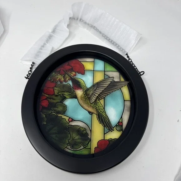 Wild Wings Stained Glass Hummingbird Oval Framed Suncatcher Chain Hanging
